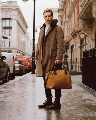 Tobacco Canvas Duffle Bag Outfits For Men: Teaming a brown fur collar coat with a tobacco canvas duffle bag is an amazing choice for a casual ensemble. Make a bit more effort with footwear and complement this ensemble with a pair of burgundy leather casual boots.