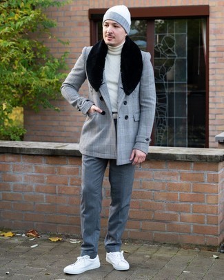 Grey Fur Collar Coat Outfits For Men: A grey fur collar coat and charcoal chinos are absolute staples if you're figuring out a classic and casual wardrobe that matches up to the highest menswear standards. Rounding off with a pair of white canvas low top sneakers is the most effective way to inject a more relaxed finish into this ensemble.