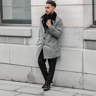 Black Leather Watch Outfits For Men: A grey herringbone fur collar coat and a black leather watch are an edgy pairing that every modern man should have in his menswear collection. Black velvet tassel loafers will give a sense of sophistication to an otherwise everyday ensemble.
