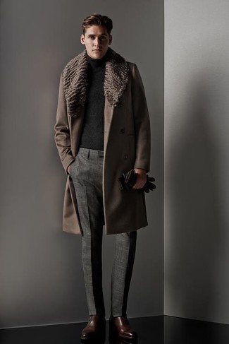 Fur Collar Coat Outfits For Men: A fur collar coat and grey dress pants are absolute wardrobe heroes if you're figuring out a sharp closet that matches up to the highest men's fashion standards. Dark brown leather chelsea boots will bring a more relaxed feel to an otherwise traditional look.