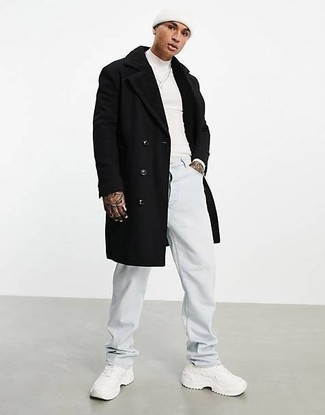 Men's Black Fur Collar Coat, White Turtleneck, Light Blue Jeans, White Athletic Shoes