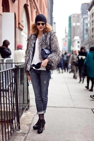 Black Beanie Outfits For Women: This combo of a grey fur jacket and a black beanie is proof that a safe casual look can still look really interesting. On the fence about how to round off? Introduce a pair of black leather ankle boots to the mix to kick up the style factor.