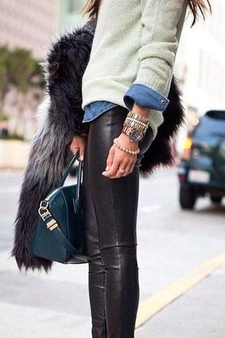 Charcoal Fur Jacket Outfits: A charcoal fur jacket and black leather leggings are the ideal way to introduce effortless cool into your current casual arsenal.