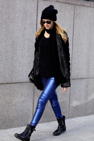 Women's Black Fur Jacket, Black Fluffy Crew-neck Sweater, Blue Leather Skinny Jeans, Black Leather Ankle Boots
