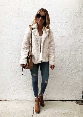Women's White Fur Jacket, White Crew-neck T-shirt, Navy Ripped Skinny Jeans, Brown Suede Ankle Boots