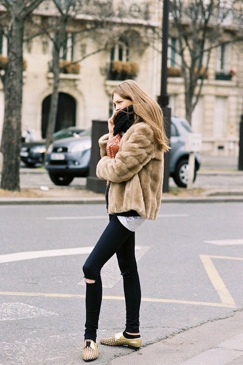 Women's Brown Fur Jacket, White Crew-neck T-shirt, Navy Boyfriend Jeans,  Charcoal Leather High Top Sneakers
