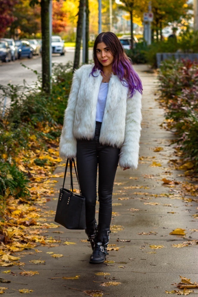 Women's White Fur Jacket, White Cropped Top, Black Skinny Jeans