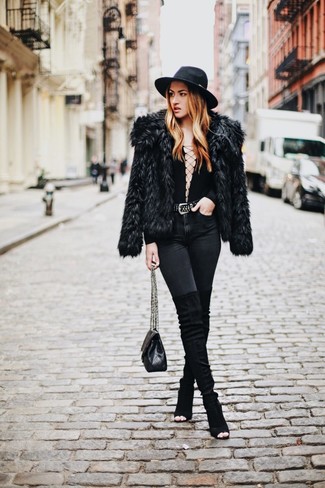 Black Wool Hat Outfits For Women: Pairing a black fur jacket with a black wool hat is an amazing pick for a casually edgy getup. Go ahead and add black suede over the knee boots to the mix for an element of elegance.