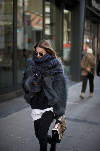 Scarf Outfits For Women: This combination of a charcoal fur jacket and a scarf is great for casual settings. On the footwear front, this getup pairs well with black suede chelsea boots.