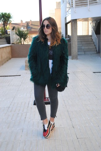 Women's Dark Green Fur Jacket, White and Black Print Sleeveless Top, Charcoal Skinny Jeans, White and Red Leather Oxford Shoes