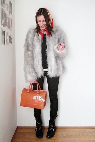 Grey Fur Jacket Outfits: Team a grey fur jacket with black snake leather skinny pants and you'll achieve a proper and polished ensemble. Black studded leather mid-calf boots complement this outfit quite well.