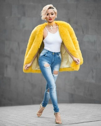 Women's Yellow Fur Jacket, White Tank, Light Blue Ripped Skinny Jeans, Gold Leather Heeled Sandals