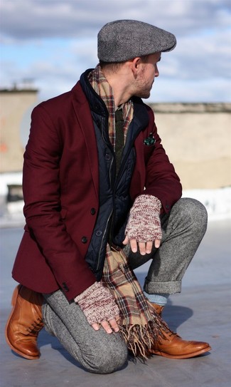 Dark Brown Leather Brogue Boots Outfits: Consider teaming a navy quilted gilet with grey wool dress pants for truly stylish style. When this look appears too perfect, play it down by finishing off with dark brown leather brogue boots.