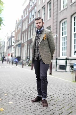 Mustard Pocket Square Outfits: This bold casual pairing of a grey wool gilet and a mustard pocket square is very versatile and really up for whatever the day throws at you. Complete your look with a pair of dark brown suede double monks to effortlessly amp up the wow factor of this outfit.