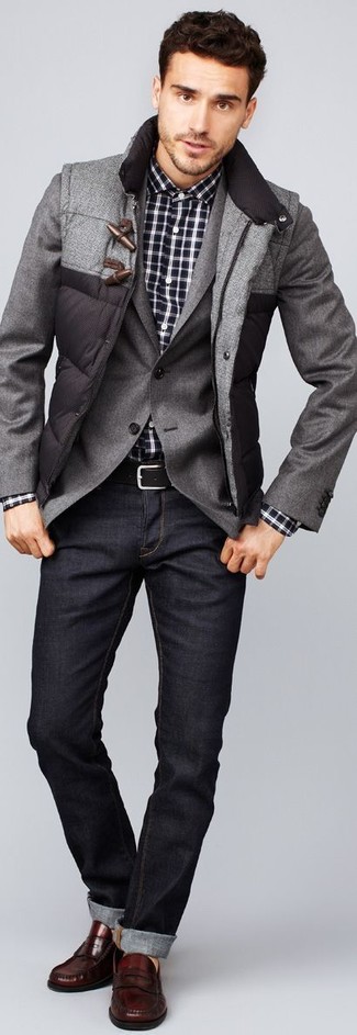 Men's Grey Quilted Gilet, Grey Blazer, Black and White Plaid Long Sleeve Shirt, Charcoal Jeans