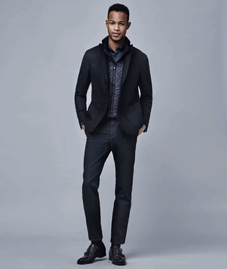 Black Leather Double Monks Outfits: A navy gilet and navy jeans will bring extra style to your current casual rotation. To give your overall outfit a smarter twist, why not add a pair of black leather double monks to the mix?