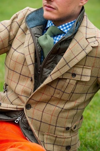 Tan Plaid Blazer Outfits For Men: This combination of a tan plaid blazer and orange corduroy jeans makes for the perfect base for a great number of outfits.