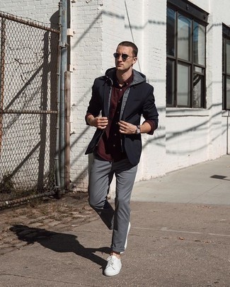 Red Long Sleeve Shirt Outfits For Men: Try pairing a red long sleeve shirt with grey chinos to assemble an incredibly dapper and current off-duty outfit. Wondering how to finish? Introduce a pair of white canvas low top sneakers to the equation for a more casual finish.