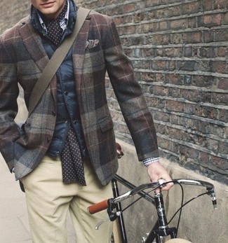 Men's Navy Gilet, Brown Plaid Blazer, White and Blue Gingham Long Sleeve Shirt, Beige Chinos