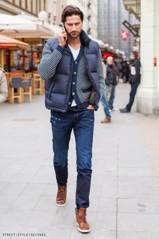 Men's Navy Quilted Gilet, White and Navy Horizontal Striped Cardigan, White Crew-neck T-shirt, Navy Skinny Jeans