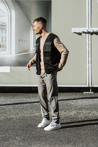 Men's Black Quilted Fleece Gilet, Tan Crew-neck Sweater, Grey Chinos, White Leather Low Top Sneakers