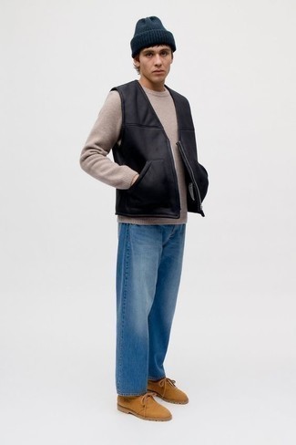 Men's Black Leather Gilet, Beige Crew-neck Sweater, Blue Jeans, Tan Suede Desert Boots