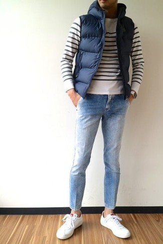 Men's Navy Quilted Gilet, White and Black Horizontal Striped Crew-neck Sweater, Light Blue Jeans, White Leather Low Top Sneakers