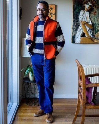 Men's Orange Fleece Gilet, Navy and White Horizontal Striped Crew-neck Sweater, Blue Jeans, Brown Suede Low Top Sneakers