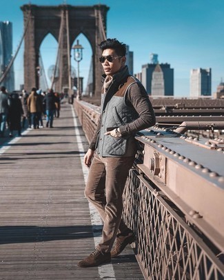 Grey Wool Gilet Outfits For Men: A grey wool gilet and brown corduroy jeans are the ideal way to introduce some cool into your casual styling rotation. With shoes, you can take a more classic route with dark brown suede brogue boots.