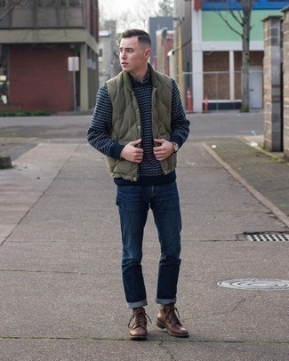 Olive Quilted Gilet Outfits For Men: An olive quilted gilet and navy jeans are veritable menswear must-haves if you're picking out a casual wardrobe that matches up to the highest sartorial standards. And if you need to immediately up the ante of your outfit with one piece, why not complement your look with a pair of dark brown leather casual boots?