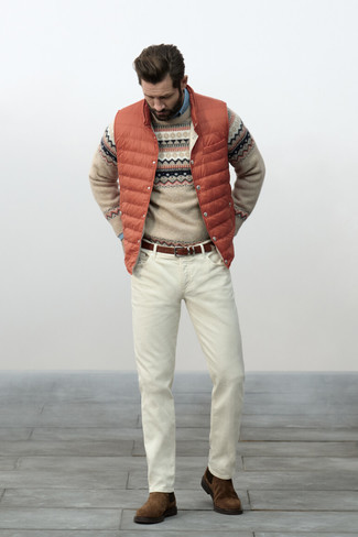 Orange Gilet Outfits For Men: To pull together a relaxed look with a twist, consider pairing an orange gilet with white jeans. To give your ensemble a more polished aesthetic, why not add a pair of dark brown suede chelsea boots to the equation?