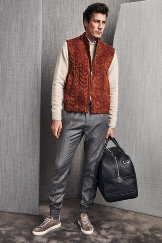 Men's Tobacco Quilted Gilet, Beige Crew-neck Sweater, Light Blue Long Sleeve Shirt, Grey Chinos