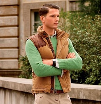 Tobacco Gilet Outfits For Men: Why not pair a tobacco gilet with beige chinos? These pieces are very comfortable and look amazing teamed together.