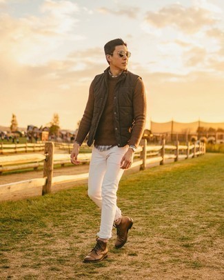 Brown Gilet Outfits For Men: If you're obsessed with comfort dressing when it comes to fashion, you'll love this laid-back combo of a brown gilet and white skinny jeans. Complete your getup with brown leather casual boots to completely change up the outfit.
