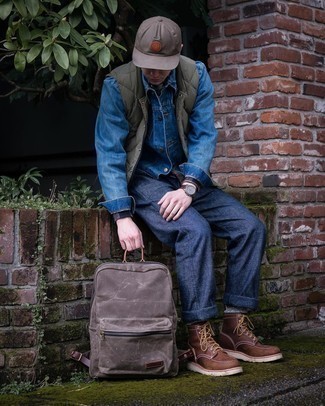 Men's Olive Quilted Gilet, Blue Denim Jacket, Navy Chinos, Brown Leather Casual Boots