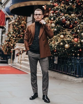Brown Double Breasted Blazer Outfits For Men: Dress for success in a brown double breasted blazer and grey check dress pants. To inject a carefree vibe into this look, opt for a pair of black leather chelsea boots.