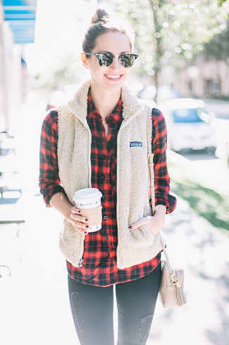 Oversized Flannel Button Down Shirt In Checkered Plaidred