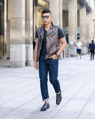 Charcoal Leather Monks Outfits: Why not choose a brown leather gilet and navy jeans? Both pieces are totally functional and look nice when matched together. Dial down the casualness of this look by finishing with a pair of charcoal leather monks.