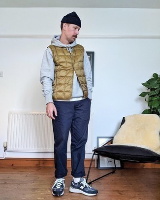 Men's Tan Quilted Gilet, Grey Hoodie, White Crew-neck T-shirt, Navy Chinos