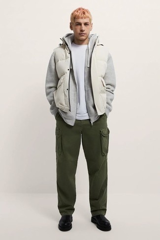 Men's White Quilted Gilet, Grey Hoodie, White Crew-neck T-shirt, Olive Cargo Pants