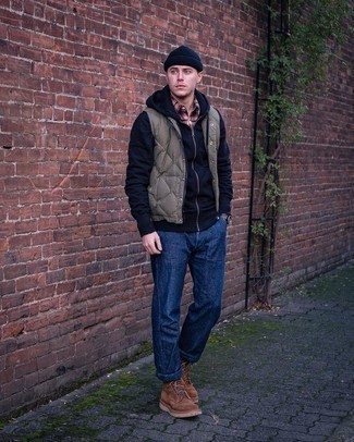 Navy Hoodie Outfits For Men: A navy hoodie and navy jeans paired together are a perfect match. Our favorite of a countless number of ways to finish this outfit is with brown suede casual boots.