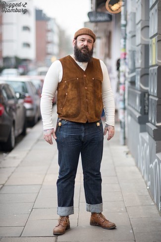 Brown Gilet Outfits For Men: A brown gilet and navy jeans paired together are the ideal combo for those who appreciate off-duty styles. Let your sartorial chops really shine by completing this ensemble with a pair of brown leather casual boots.