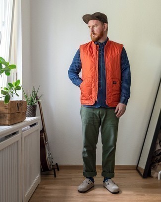 Men's Orange Quilted Gilet, Navy Vertical Striped Long Sleeve Shirt, Olive Chinos, Grey Suede Loafers