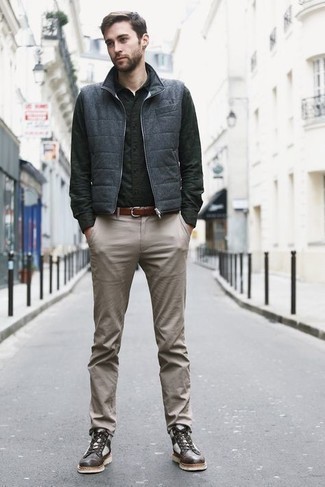 Beige Chinos Chill Weather Outfits: To pull together a casual outfit with a twist, you can easily rely on a charcoal quilted wool gilet and beige chinos. Why not introduce dark brown leather casual boots to the equation for a hint of elegance?