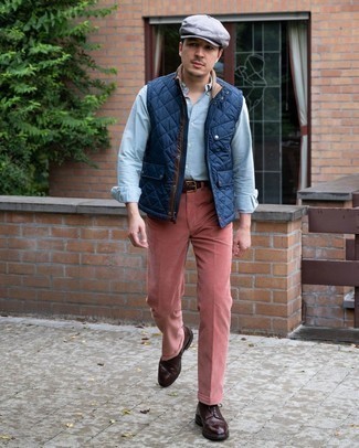 Men's Navy Quilted Gilet, Light Blue Long Sleeve Shirt, Pink Corduroy Chinos, Dark Brown Leather Brogues
