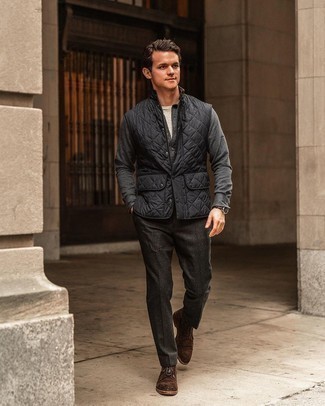 Men's Black Quilted Gilet, Charcoal Wool Long Sleeve Shirt, Beige Crew-neck T-shirt, Charcoal Wool Chinos