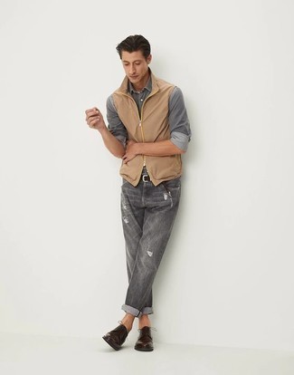 Men's Tan Gilet, Grey Long Sleeve Shirt, Charcoal Ripped Jeans, Dark Brown Leather Derby Shoes