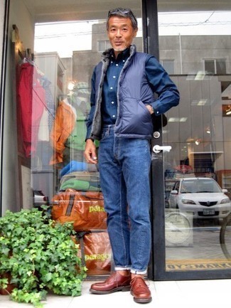 Men's Violet Quilted Gilet, Navy Long Sleeve Shirt, Blue Jeans, Tobacco Leather Derby Shoes