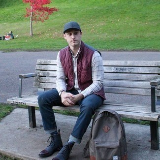 Burgundy Quilted Gilet Outfits For Men: A burgundy quilted gilet and navy jeans are a good pairing to have in your off-duty repertoire. To introduce a bit of fanciness to this look, throw in navy canvas casual boots.