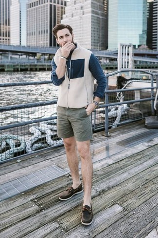 Men's Beige Gilet, Navy Chambray Long Sleeve Shirt, Olive Shorts, Dark Brown Leather Boat Shoes